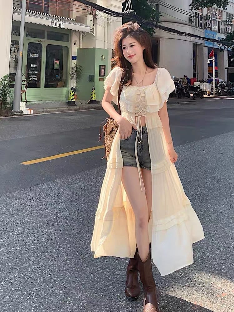 Sunscreen cardigan, small flying sleeves, one-shoulder dress, fairy summer, high-end design, loose seaside holiday long skirt