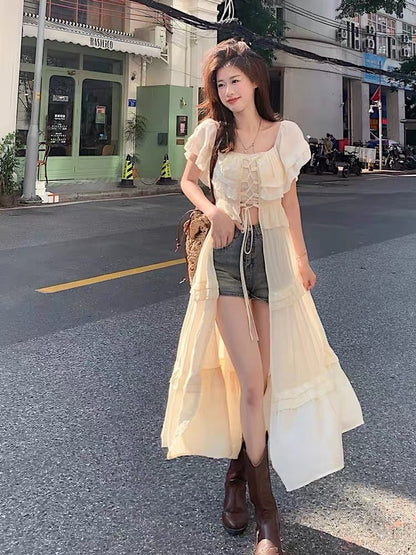 Sunscreen cardigan, small flying sleeves, one-shoulder dress, fairy summer, high-end design, loose seaside holiday long skirt