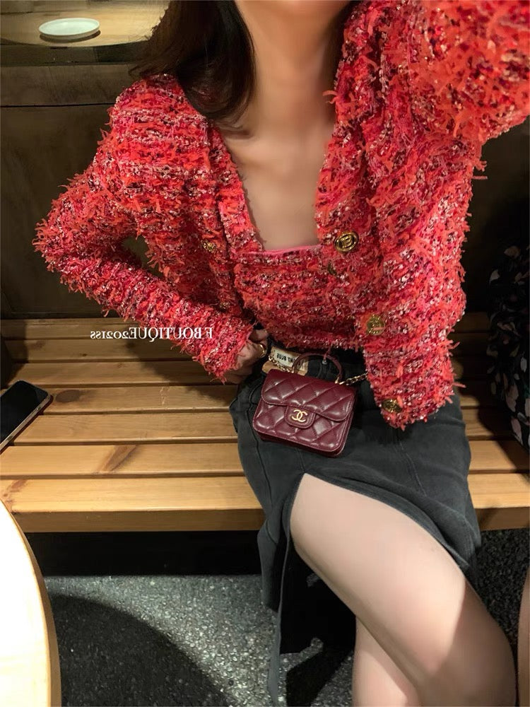 2023 Autumn and Winter New Hong Kong Style Retro Small Fragrance Heavy Industry Woven Short Jacket Camisole Women's Two-piece Suit