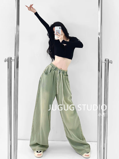 JUGUG new slimming jeans women's green washed overalls straight drawstring high waist loose wide-leg trousers