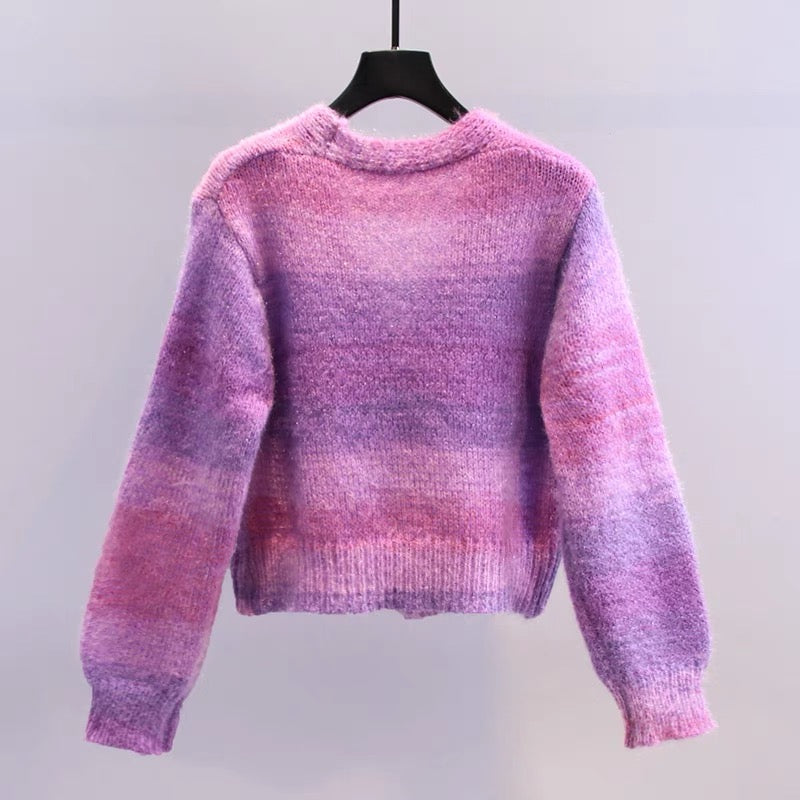 Rainbow Gradient Sweater Jacket Women's 2023 Early Autumn New Loose Outer Style Student Short Knitted Cardigan