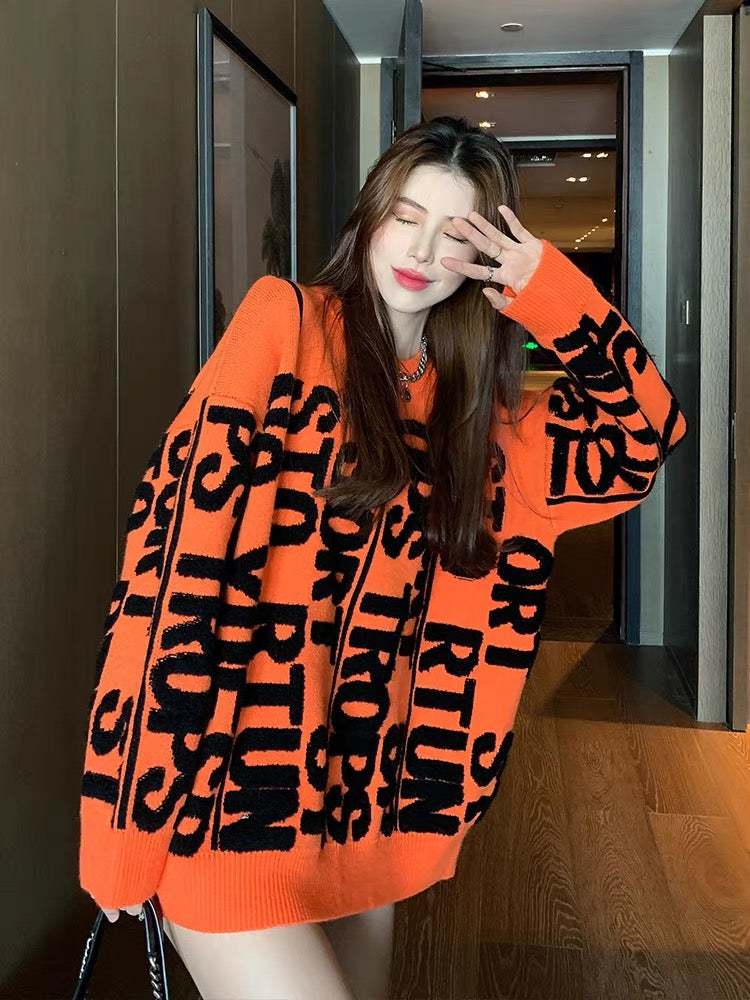 Orange outer sweater women's loose Korean style top coat mid-length large size autumn and winter thickened sweater T2372