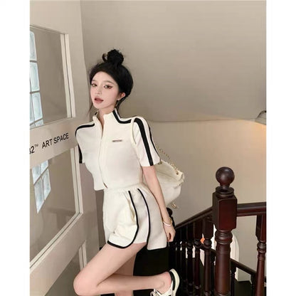 Sports and leisure suit stand collar short sleeve zipper T-shirt top women's summer high waist thin pants shorts two-piece set