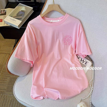 Pink short-sleeved top women's summer new cross embroidery spelling letters round neck loose slimming fragrance trendy