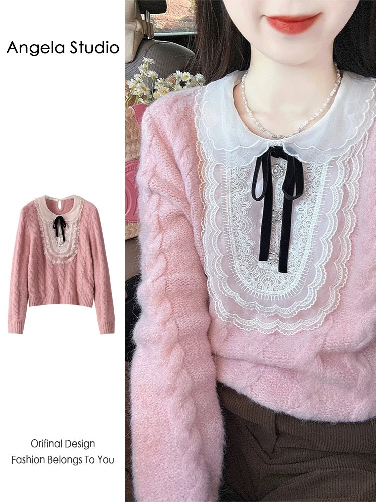 miu retro bow pullover twist pink soft and waxy small fragrant sweater for women 2023 autumn and winter tops