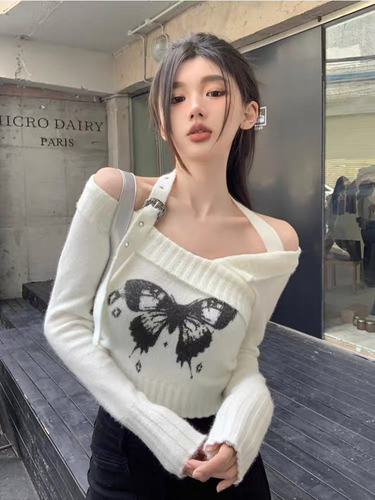 American retro halter neck one-shoulder butterfly jacquard cross v-neck long-sleeved sweater hot girl slim short top