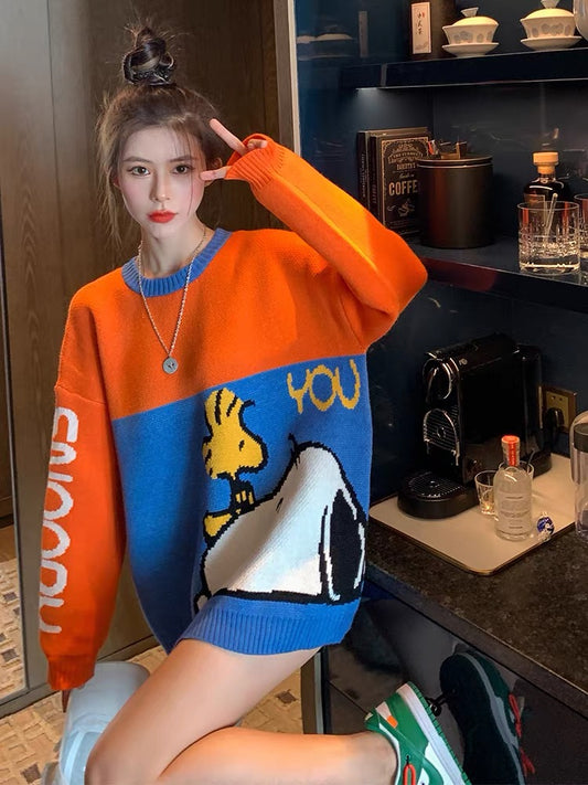 Orange cartoon splicing sweater women's pullover mid-length European fashion forest style bottoming sweater autumn and winter trend T2384