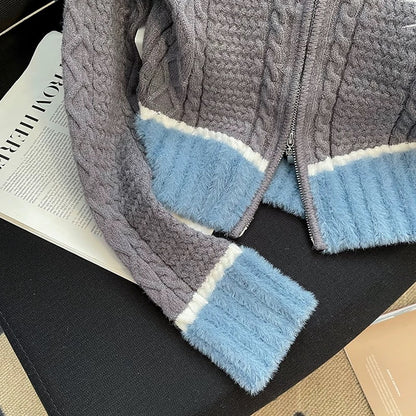 Sweet cool girl design short knitted cardigan autumn and winter new color matching slim slim long-sleeved sweater bottoming shirt