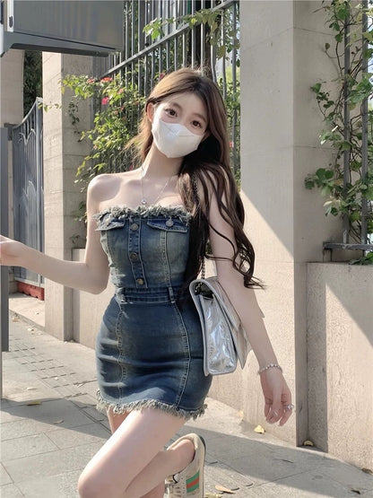 Hot girl design sense waist tube top raw edge denim dress temperament retro sexy bag hip short skirt women summer