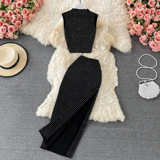 Sparkling hot diamond skirt high waist slim sexy hip-wrapped slit midi skirt two-piece suit stand collar T-shirt summer