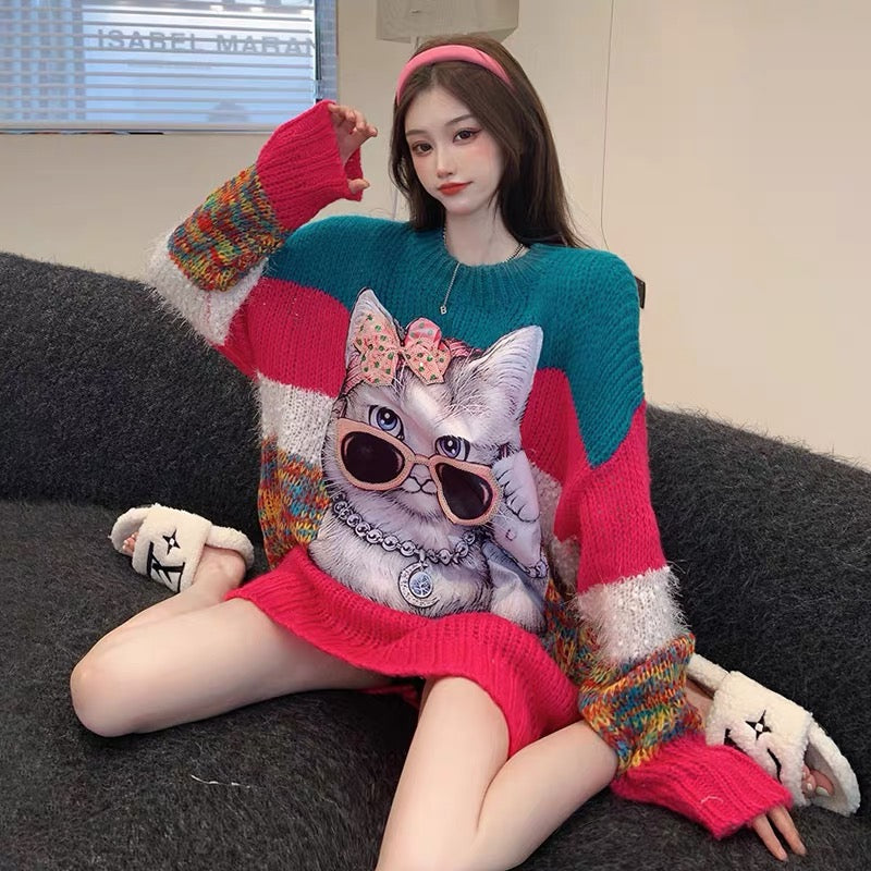 European long-sleeved sweater for women, thickened new style, loose Korean version, heavy industry cat print, mid-length large size sweater T3440