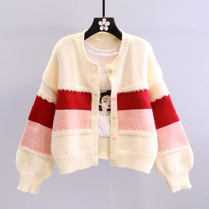 Small fresh contrasting color striped sweater jacket for women autumn and winter 2023 new Japanese style sweet loose outer knitted cardigan