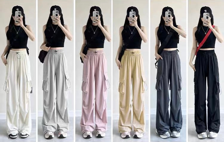 Gray overalls women's summer 2023 new high-waisted parachute pants casual wide-leg pants quick-drying American sports pants