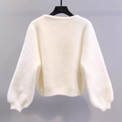 Bow tie design mink velvet sweater jacket for women autumn and winter 2023 loose short style age-reducing knitted cardigan