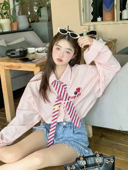 College style striped embroidery long-sleeved shirt women's autumn 2023 new design sense niche loose chic cardigan