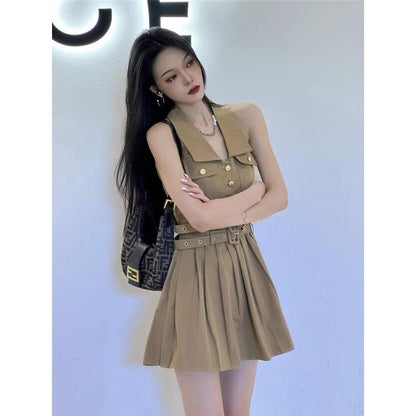 Khaki retro tooling waistline slim short denim pleated dress hot girl light mature new female summer