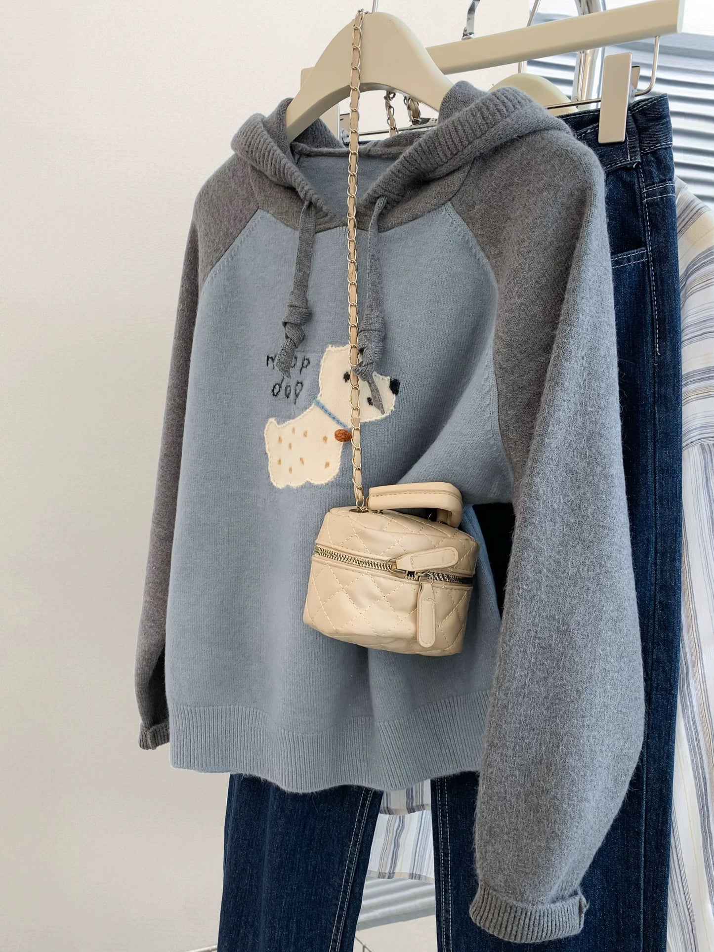 Blue puppy hooded pullover sweater women spring and autumn autumn and winter thick loose small knitted sweater tops 2024 autumn