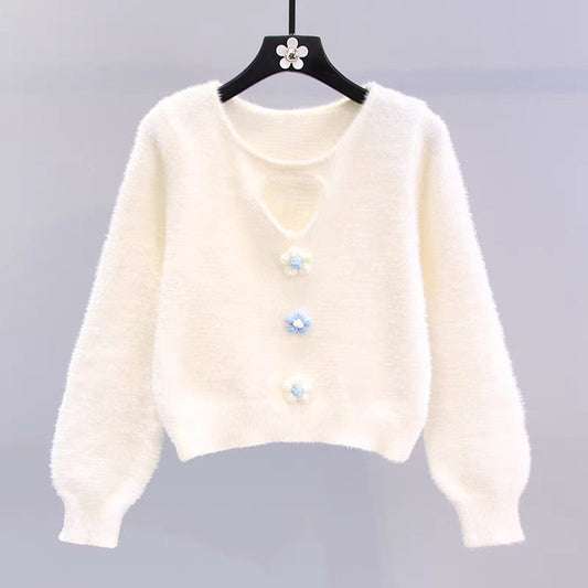 Small fresh three-dimensional small flower mink velvet sweater for women autumn and winter 2023 new Japanese design short knitted top (S3332)