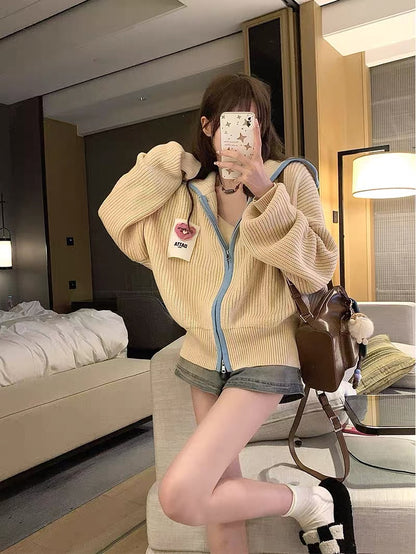 DOPS autumn loose hooded knitted jacket for women petite college style zipper cardigan with niche and versatile design