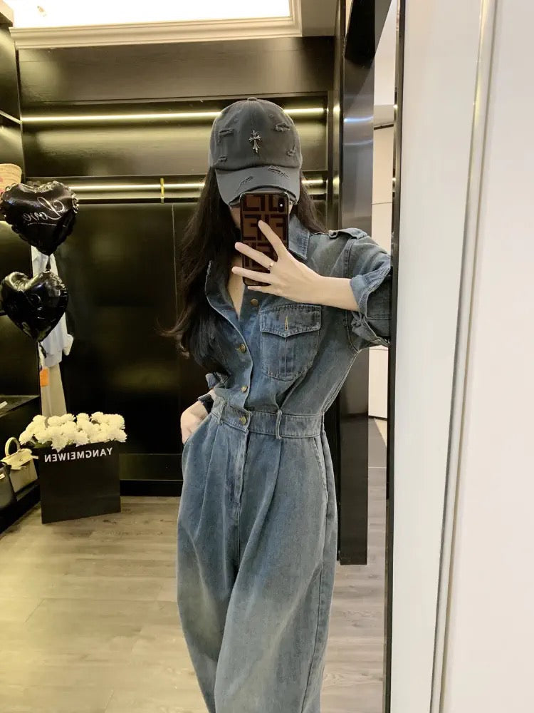 Workwear denim jumpsuit women's spring and autumn new style high