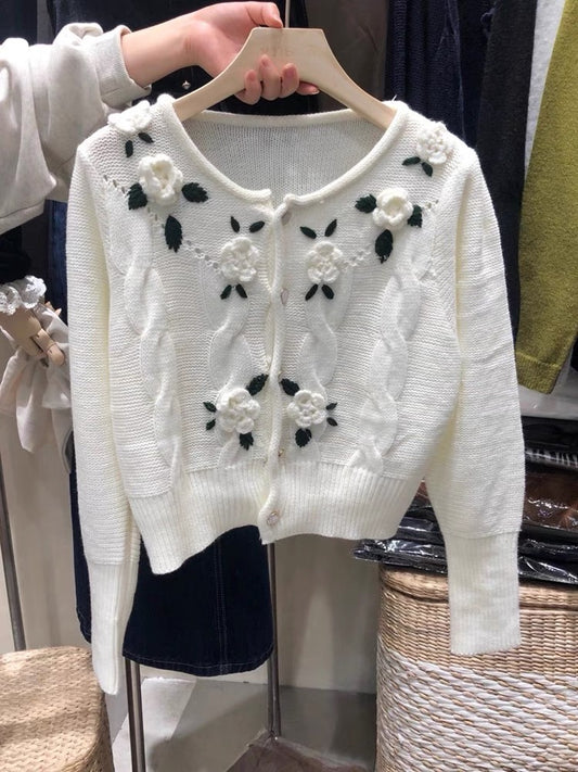 South Korea's Dongdaemun New French Retro Handmade Crochet Heavy Industry Three-dimensional Flower Cardigan