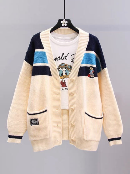 Japanese cartoon sweater jacket for women autumn and winter 2023 new loose college style mid-length color-blocked knitted cardigan