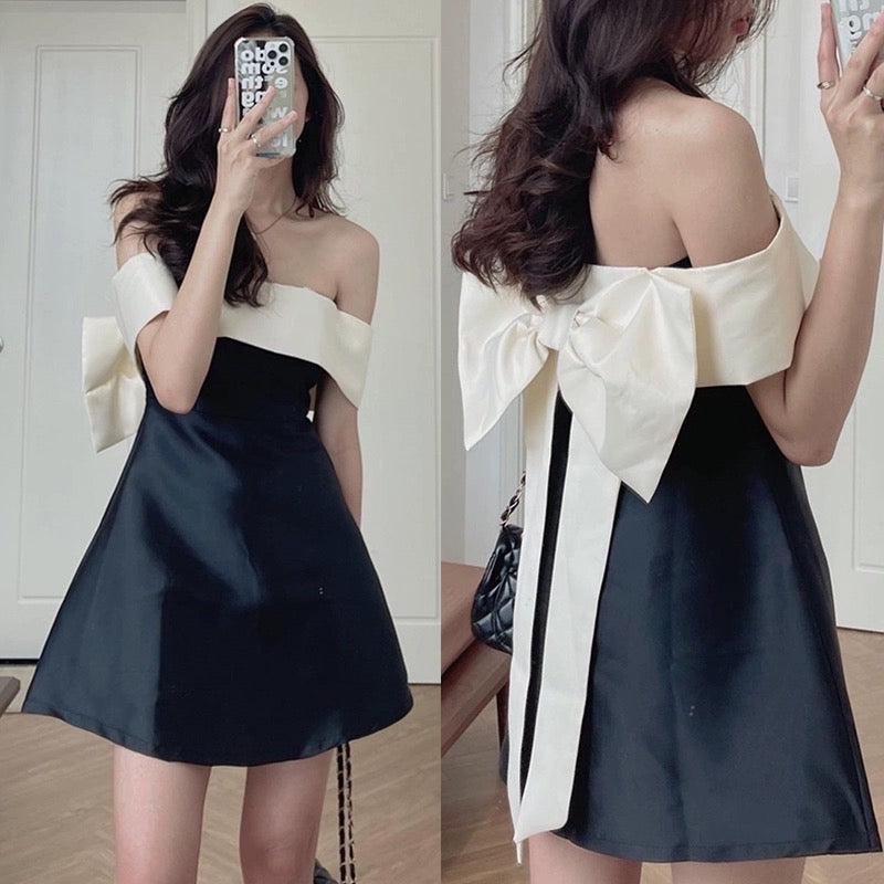 Korean chic summer French niche one-word collar strapless back tie bow waist short-sleeved dress female