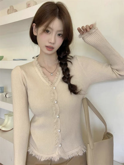 Korean style gentle style V-neck tassel pink knitted cardigan for women autumn 2023 new slim slim personalized top A2233