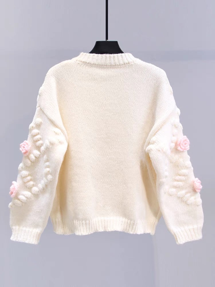 Gentle style design three-dimensional flower sweater cardigan for women autumn and winter 2023 new Japanese loose knitted cardigan