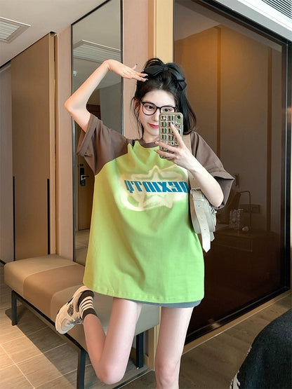 Green raglan sleeves short-sleeved t-shirt women's summer design sense niche high-end sense American retro large version pure cotton top