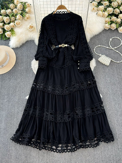 Palace style dress spring dress for women heavy hollow lace splicing slim fit long French puff sleeve high-end dress