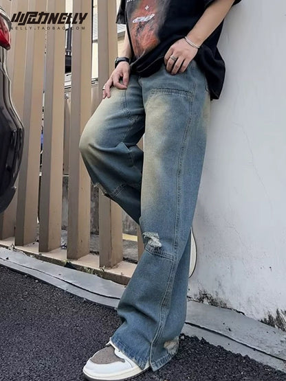 Straight jeans men's summer thin section American fashion brand retro loose wide-leg casual long pants boys spring and autumn