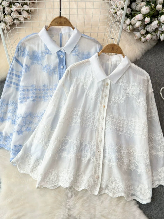 Artistic embroidery long-sleeved shirt 2024 spring and autumn Korean version loose casual Polo collar loose irregular top