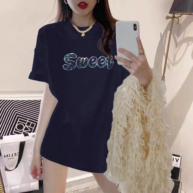 European station new style dark blue t-shirt women hot diamond letters loose mid-length cotton short-sleeved summer trendy brand women's clothing