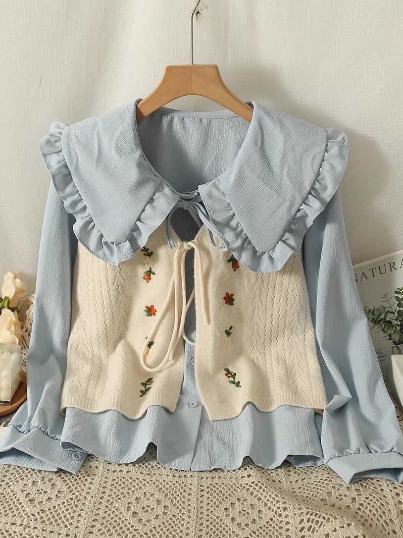 2023 autumn new internet celebrity age-reducing embroidered knitted vest + sweet doll collar long-sleeved shirt two-piece set for women