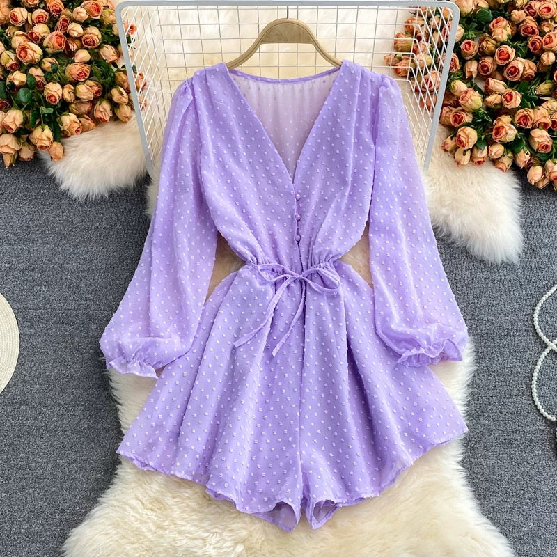 Summer new fashion loose v-neck single-breasted waist strap chiffon puff sleeve jumpsuit wide-leg shorts trend