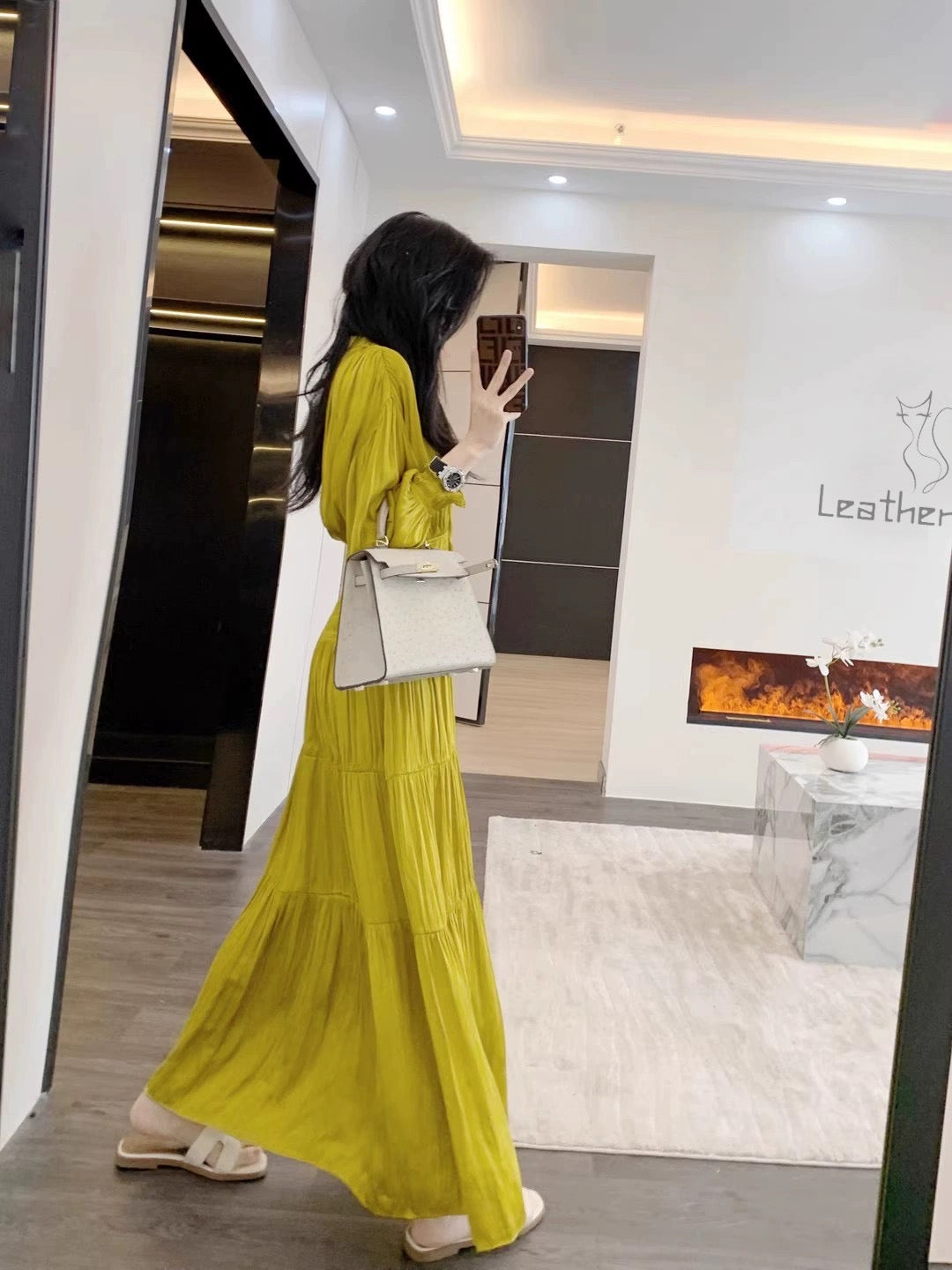 Leathercat skirt women's summer new high-end sense French tea break temperament waist slimming long skirt dress