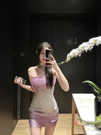 For Fay [Evening Purple] Romantic Summer Gradient Purple Temperament Slim Satin Tube Top Dress Female