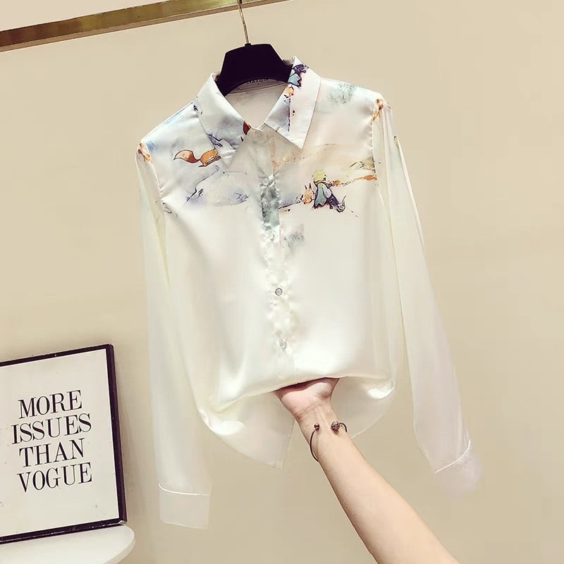 High-end acetate satin flower shirt femininity foreign style silk chiffon long-sleeved top early autumn design sense niche