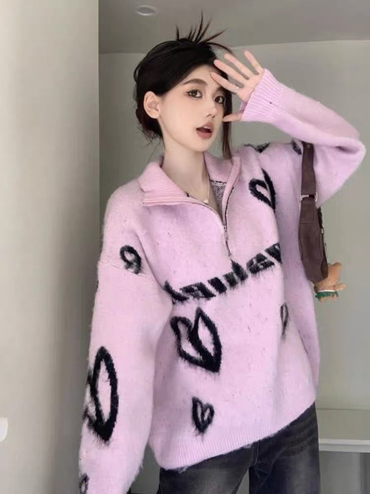 Sweet and cool atmosphere design love tassel lapel knitted sweater women's autumn and winter loose slimming temperament age-reducing top