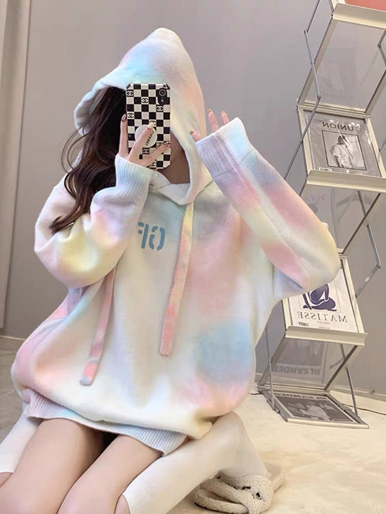 Gentle style thickened warm hooded knitted gradient sweater for women loose letter print mid-length chic top T3454