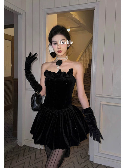 Aunt Barbie New Year's Puffy Dress Women's Winter New Sexy Royal Sister Tube Top Little Black Skirt Annual Meeting Robe