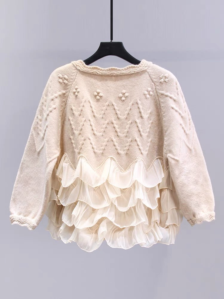 Gentle wind ruffled splicing sweater jacket for women autumn and winter 2023 new design niche loose knitted cardigan