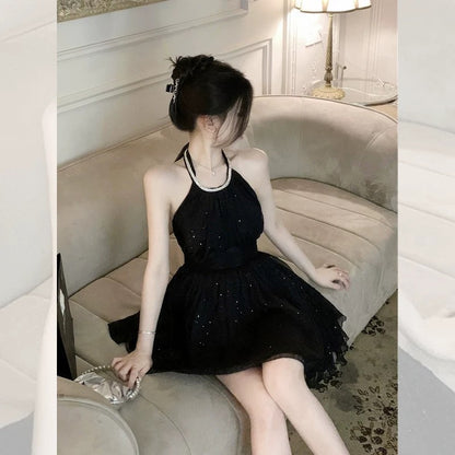 2023 popular skirt halter neck little black dress with sequins design A-line fluffy skirt with waist showing figure dress