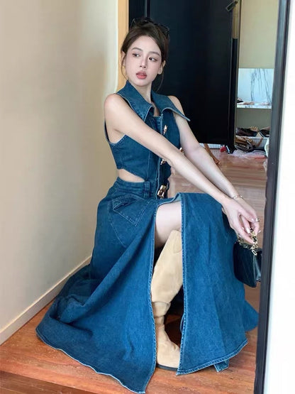 French retro sleeveless denim dress women's summer temperament high-end sexy hollow out waist slit unique long skirt