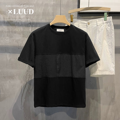 LUUD 2023 summer splicing striped round neck short-sleeved men's Japanese and Korean trendy brand temperament solid color loose shoulder T-shirt