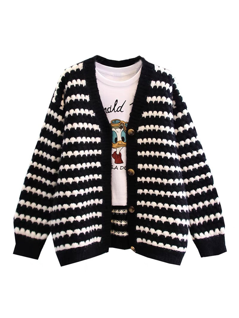 Retro Japanese striped sweater jacket women autumn and winter 2023 new loose lazy style all-match V-neck knitted cardigan