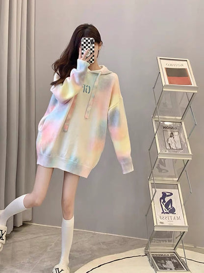 Gentle style thickened warm hooded knitted gradient sweater for women loose letter print mid-length chic top T3454