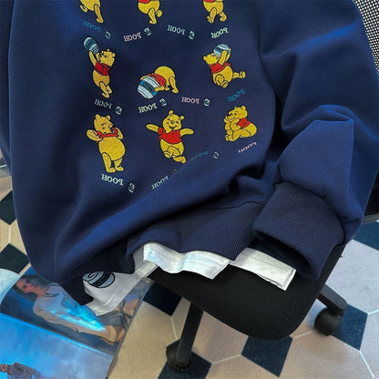 Cute and stylish Winnie the Pooh embroidered fake two-piece sweatshirt for men and women in spring and autumn, unique and chic contrasting color polo collar top