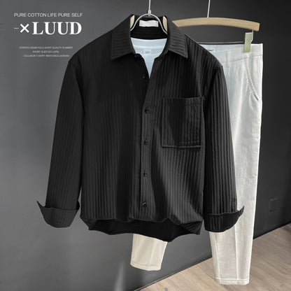 LUUD vertical pattern design sense non-ironing lapel shirt men's light luxury temperament casual solid color long-sleeved loose-inch shirt